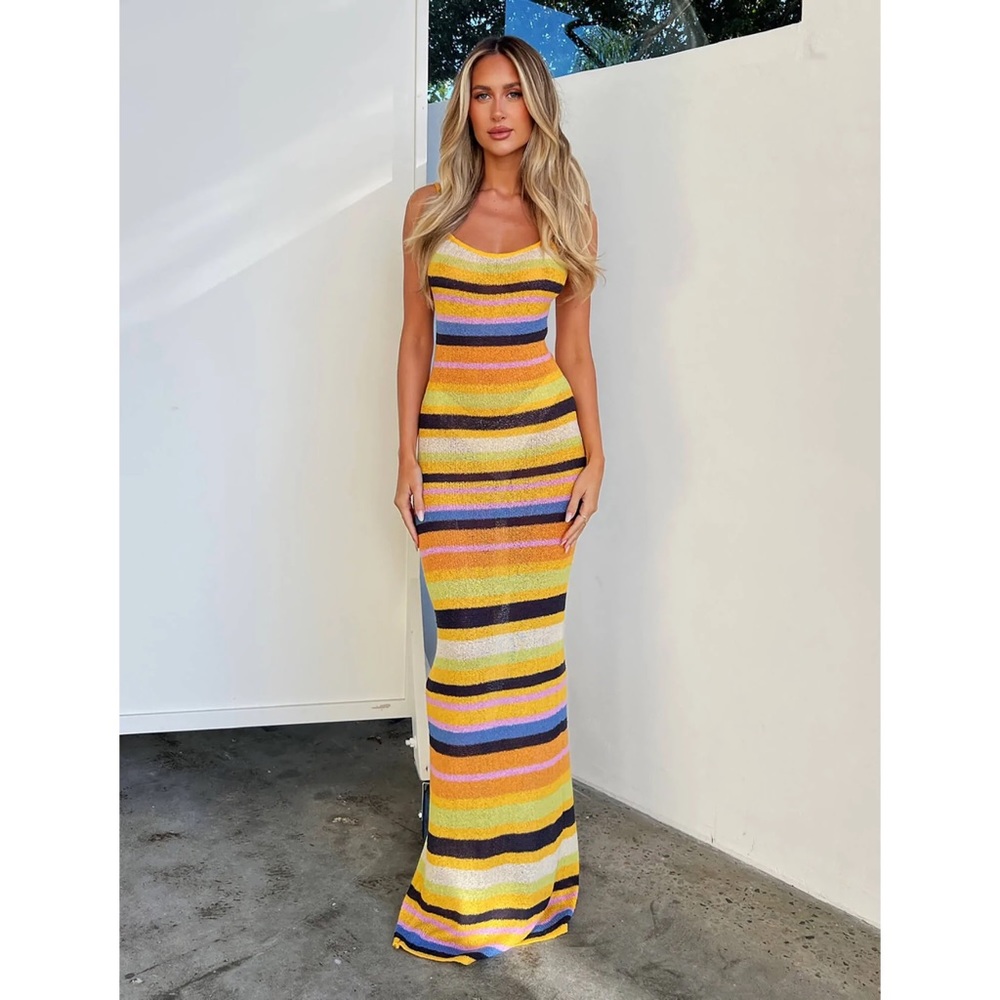 tigermist- ardon maxi dress orange multicolor knit sheer nwt summer beach - Picture 2 of 5